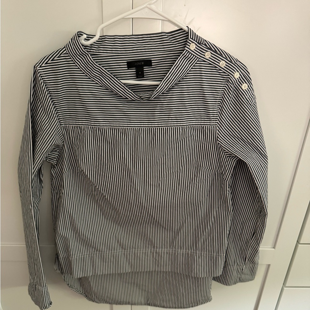 J Crew Black White Classic Stripe Funnelneck Pullover Blouse Top Size 4